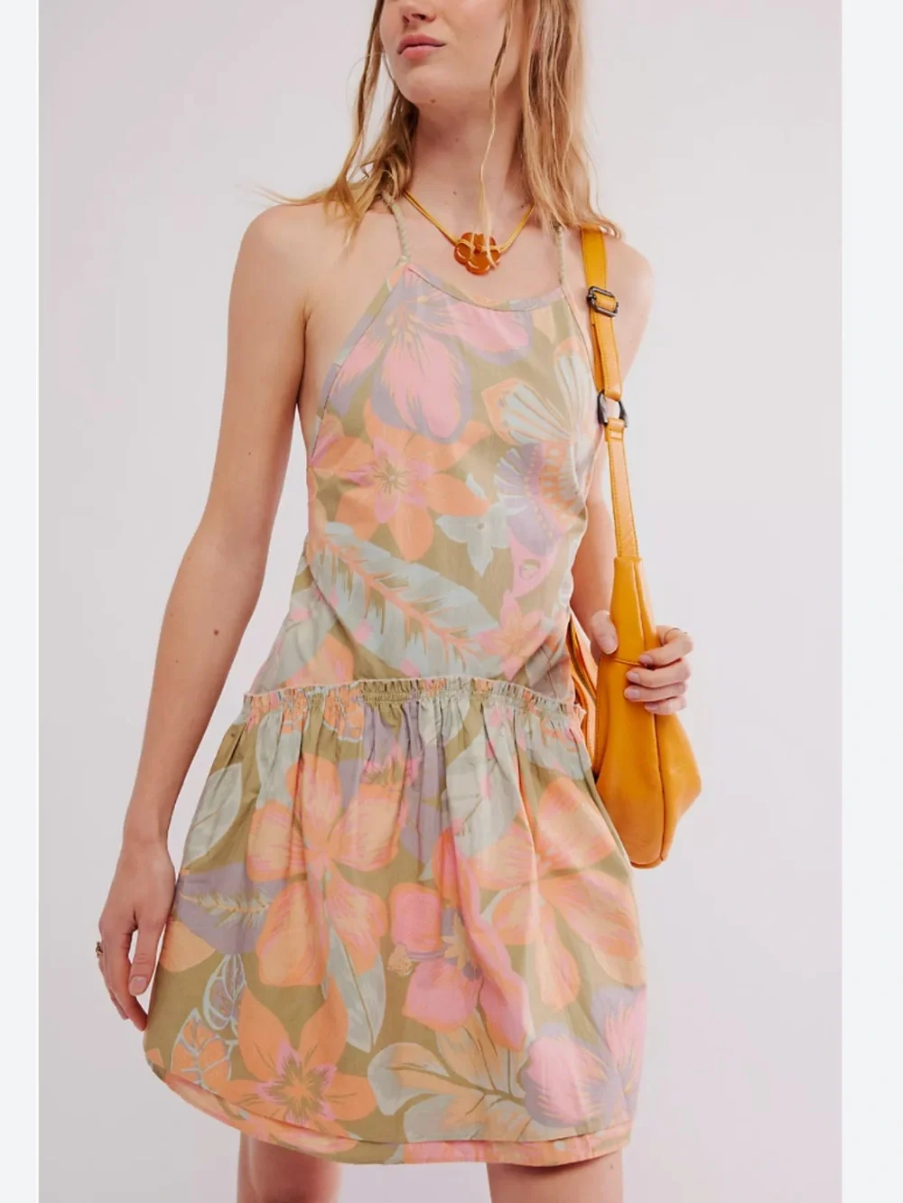 Free People Rainforest Combo DesPastel Floral Halter Mini Dress Size Large